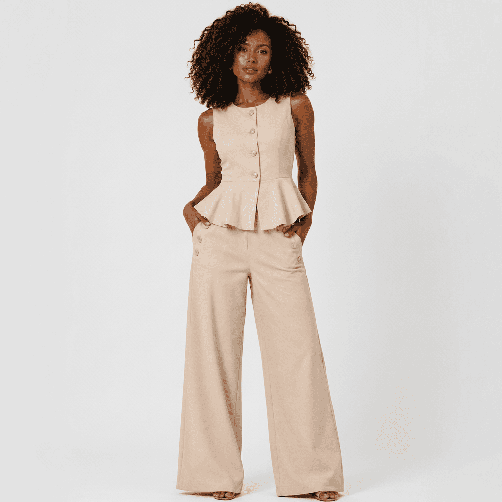 Conjunto Mariana – Alfaiataria Peplum com Botões e Calça Pantalona